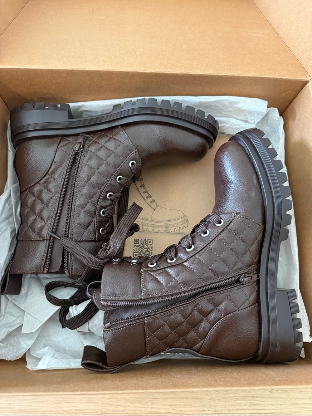 MARELLA Quilted Lace-Up Combat Boots in Dark Brown